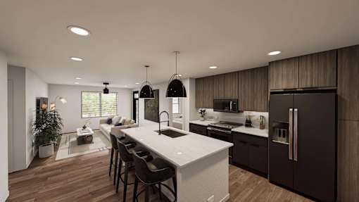 A modern kitchen with a white island and dark wood cabinets.