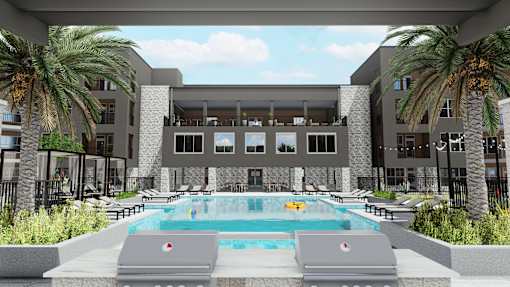 A modern building with a pool in front at Refinery at Pointe17 Apartments, Phoenix, AZ