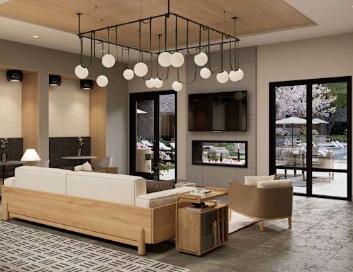 A modern bedroom with a large bed and a television.