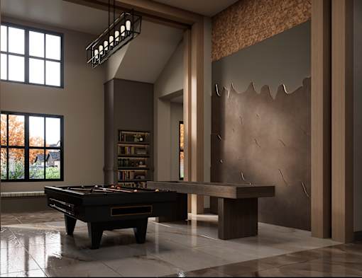 A billiard table is in the middle of a room with a large window.