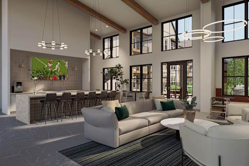 A modern living room with a bar area and a large window. at Heritage on Hover Apartments, Longmont, 80503