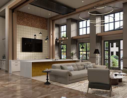 A modern living room with a grey sofa and a television.