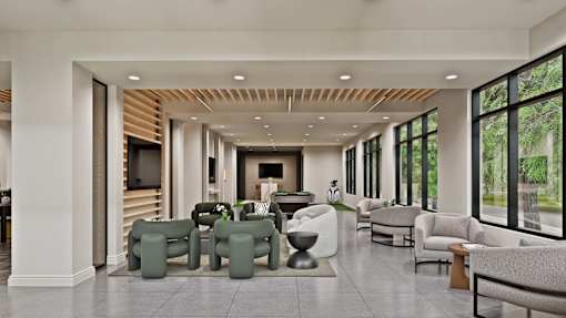 A spacious living room with a variety of seating options and a view of the outdoors.