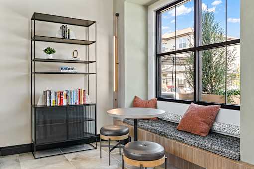 A black bookshelf with books and decorative items sits next to a window with a view of a building and trees outside.