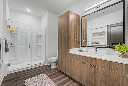 A bathroom with a toilet, sink, and mirror.