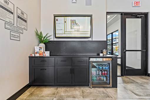 A black counter with a fridge and a plant on it.