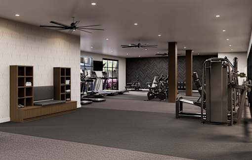 A modern gym with a variety of equipment including treadmills, weights, and a bench press.