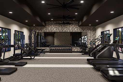 A gym with treadmills, elliptical machines, and a wall of windows at The Logan Luxury Apartments, Nampa, Idaho