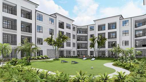 A rendering of a modern apartment complex with a landscaped courtyard at The Stadler Luxury Apartments, Bradenton, 34210