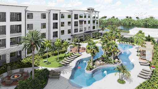 A resort with a pool and palm trees at The Stadler Luxury Apartments, Bradenton