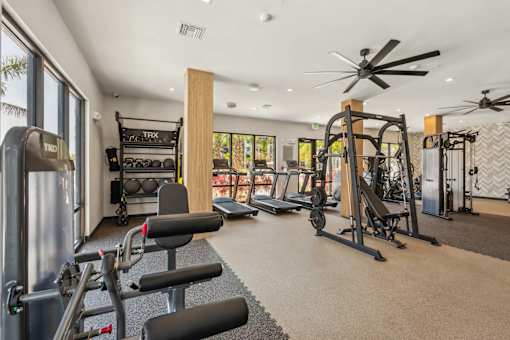 A well-equipped gym with a variety of exercise machines and a ceiling fan.