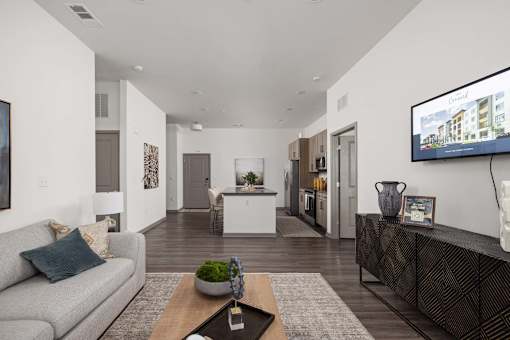 A modern living room with a grey couch and a flat screen TV mounted on the wall.