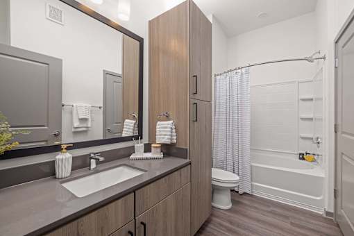 A modern bathroom with a sink, mirror, toilet, and bathtub.