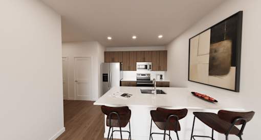 A modern kitchen with a white countertop and brown chairs.