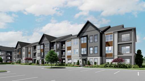 a rendering of a row of apartment buildings on a street at The Pullman Luxury Apartment Homes, Atlanta, Georgia