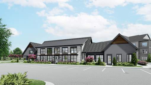 a rendering of a house with a parking lot in front of it at The Pullman Luxury Apartment Homes, Atlanta, 30349