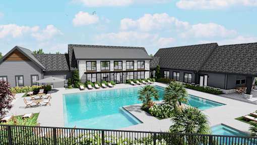 a rendering of a swimming pool in front of a row of houses at The Pullman Luxury Apartment Homes, Atlanta, GA 30349
