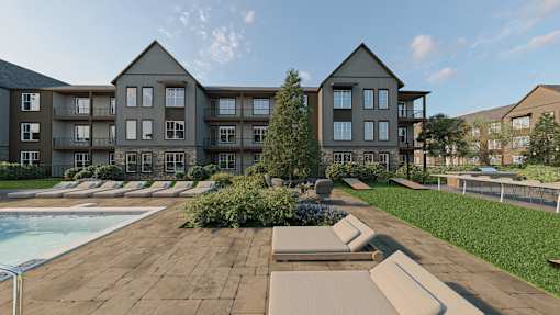 Building Exterior with Pool at Heritage on Hover Apartments, Longmont, CO, 80503