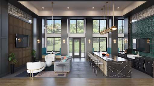 A modern kitchen with a large island and a living area with a sofa and chairs.