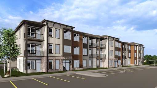 A rendering of a modern apartment complex with a parking lot in front at The Logan Luxury Apartments, Nampa