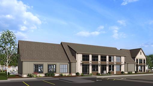 A rendering of a modern building with a parking lot in front at The Logan Luxury Apartments, Nampa 83651