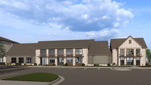 A rendering of a modern building with a parking lot in front. at The Logan Luxury Apartments, Nampa, ID