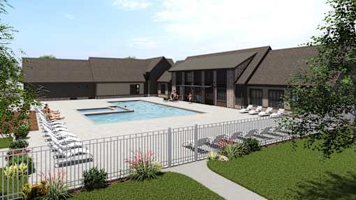 A pool surrounded by a fence and chairs at The Logan Luxury Apartments, Nampa, ID, 83651