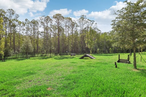 a grassy field with trees and a picnic table at Drift, Daytona Beach, FL, 32117