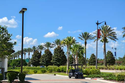 Golf cart parked near palm trees and landscaped grounds at Velara Luxury Apartments, Florida, 32081