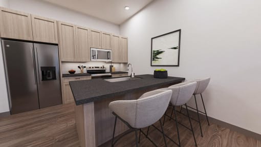 a kitchen with a counter top and three chairs  at Alta25, Monument, CO