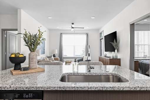 A modern kitchen with a granite countertop and a stainless steel sink.