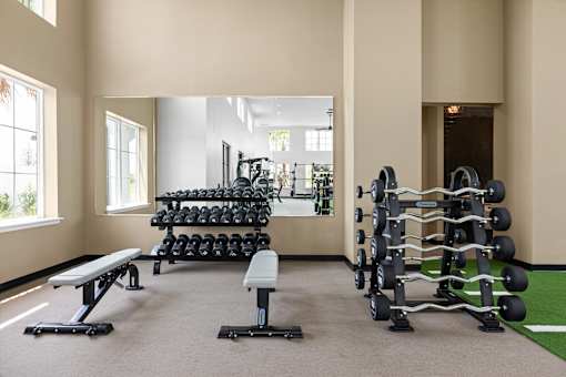 A gym with a variety of equipment including dumbbells, benches, and weight racks.