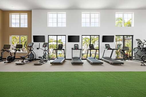 A gym with treadmills, exercise bikes, and other equipment.