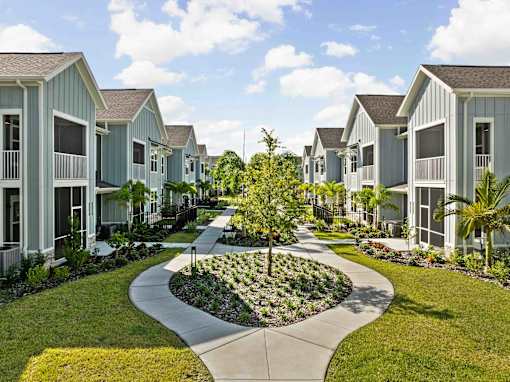 A tree in a garden in front of apartment buildings. at Junction Apartments in Rockledge, FL