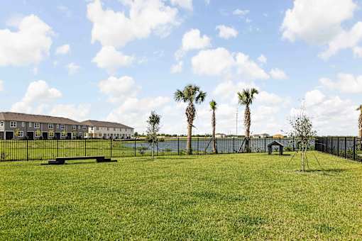 A grassy field with palm trees and a building in the background. at Junction Apartments in Rockledge, FL