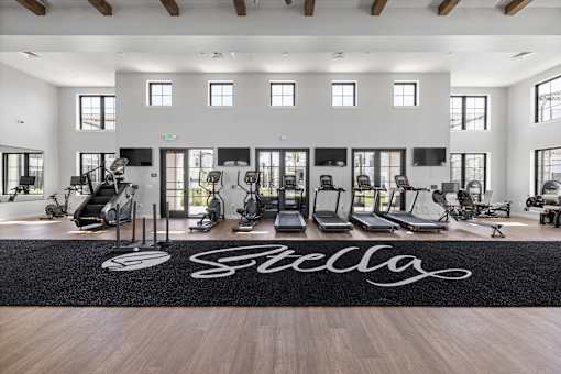 A gym with a black mat on the floor that says at Stella, San Tan Valley Arizona