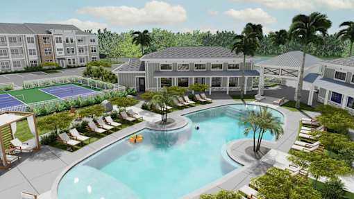 A pool surrounded by palm trees and lounge chairs at Verity Luxury Apartment Homes Apartments, Florida