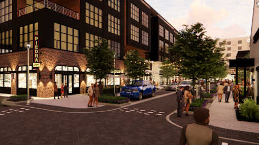 A street view of a building at The Union Flats at Fishers District, Indiana
