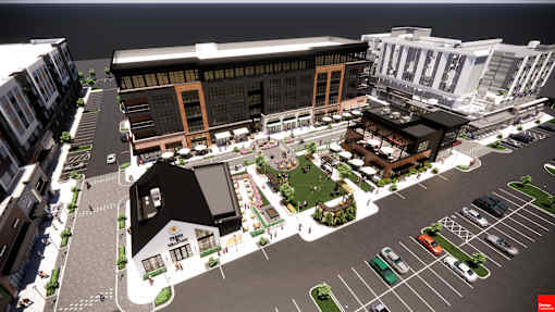 A rendering of a city street with buildings, cars, and a parking lot at The Union Flats at Fishers District, Fishers, Indiana