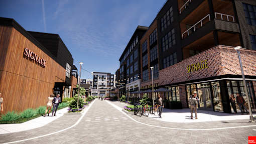 A rendering of a city street with the name at The Union Flats at Fishers District, Fishers, IN