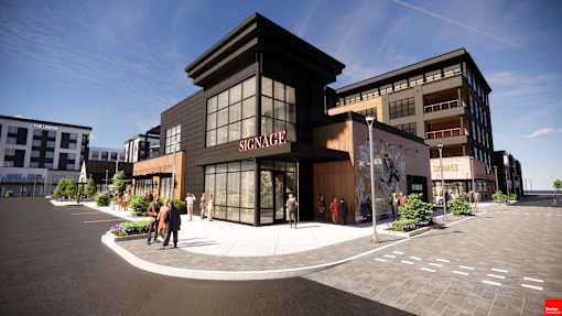 A modern building with the word at The Union Flats at Fishers District, Indiana