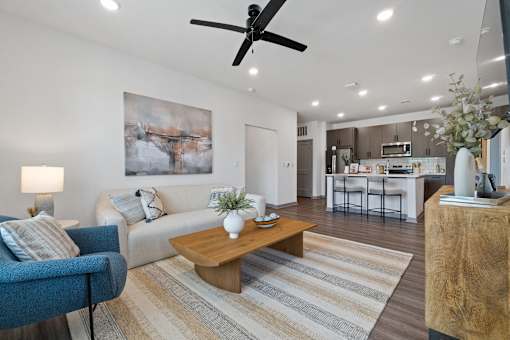Living Area With Kitchen at The Quinn Luxury Apartments, Pensacola, Florida