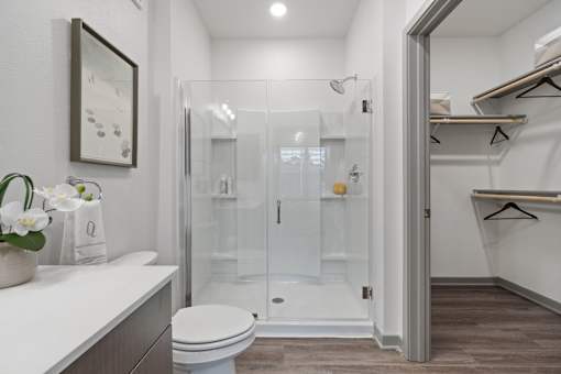 Bathroom With Storage Area at The Quinn Luxury Apartments, Pensacola, FL