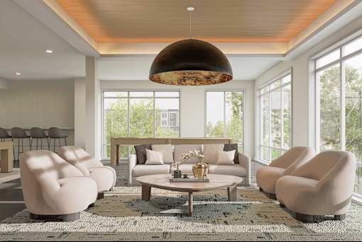 A modern living room with a large window and a wooden ceiling. at Stack at Wheat Ridge Apartments, Colorado, 80033