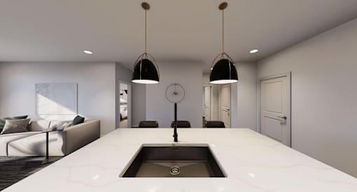 A modern kitchen with a white countertop and a sink at Stack at Wheat Ridge Apartments, Wheat Ridge, Colorado