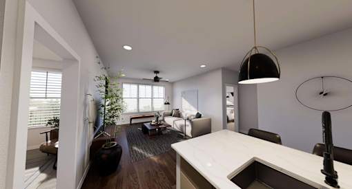 A modern living room with a large window and a wooden floor at Stack at Wheat Ridge Apartments, Colorado, 80033