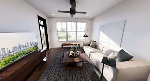 A modern living room with a large window overlooking a cityscape. at Stack at Wheat Ridge Apartments, Wheat Ridge, CO, 80033