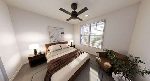 A bedroom with a bed, a ceiling fan, and a window with blinds at Stack at Wheat Ridge Apartments, Apartments, Wheat Ridge, CO
