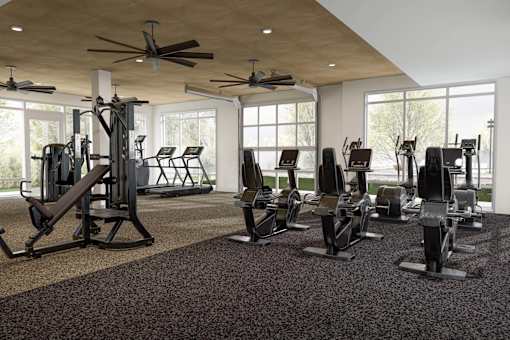 A gym with a variety of equipment including treadmills, weights, and exercise machines at Stack at Wheat Ridge Apartments, Wheat Ridge, Colorado