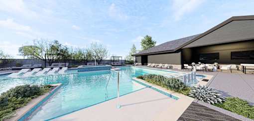 A large outdoor swimming pool with a glass barrier dividing it into two sections at Stack at Wheat Ridge Apartments, Wheat Ridge, Colorado
